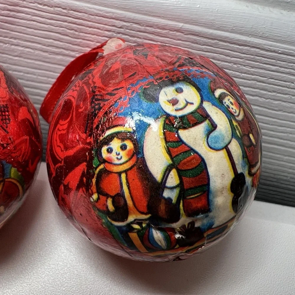Set Of 5-Vintage Paper Mache‎ Snowman And Children Ornament